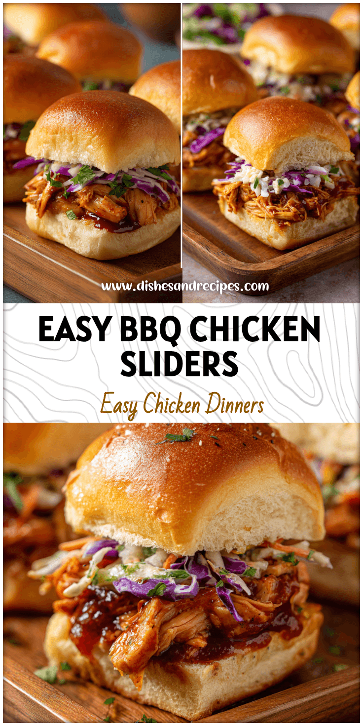 Golden BBQ chicken sliders made with Hawaiian rolls stacked on a wooden tray with slider toppings.